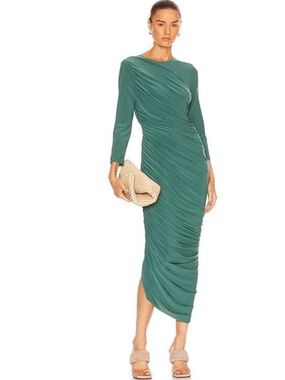 NORMA KAMALI Diana Ruched Long Sleeve Green Midi Dress
